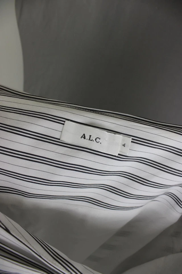 A.L.C. Women's White Black Striped 100% Cotton Faux Wrap Midi Skirt Size 4 - Image 3 of 4