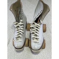 Vintage Chicago Roller Skate Co White Leather Quad Skates Wooden Wheels Size 4