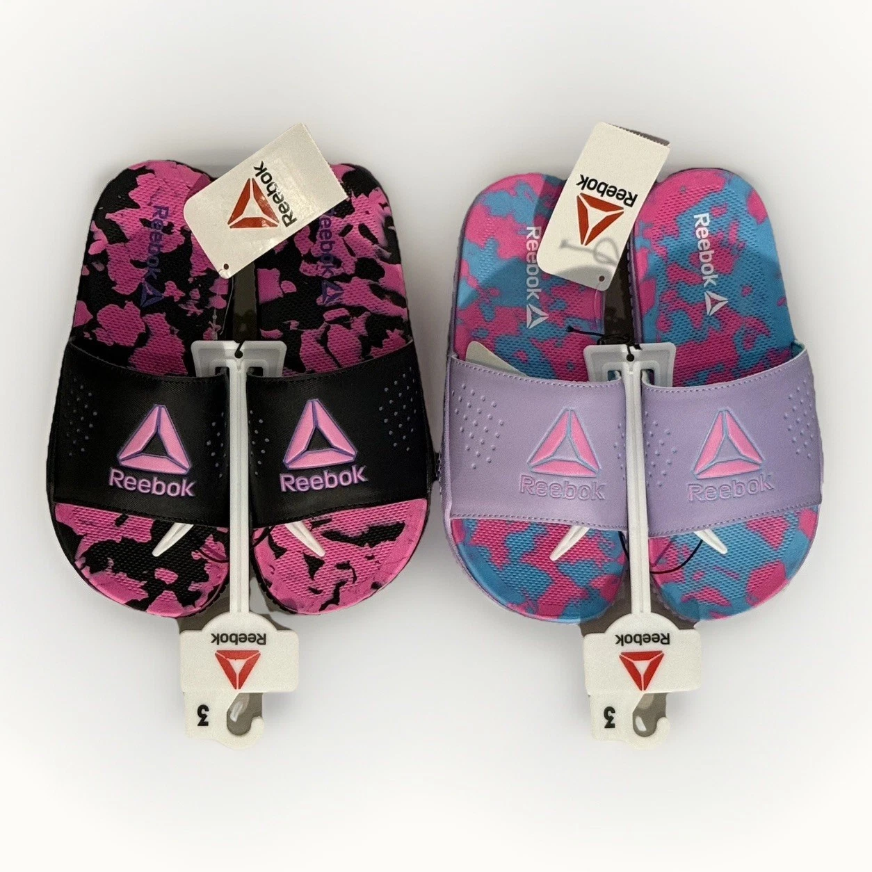 Sandali Reebok Pervade Comfort Slide Nero Viola Rosa Logo Lotto di 2 Ragazze 3 NUOVI