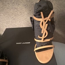 Saint Laurent Strappy Logo Heels Tan Black Le...