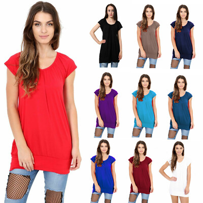 Womans Low Cut Plain Hip Long Line Top Gathering T Shirt Tunic UK Plus Size | eBay