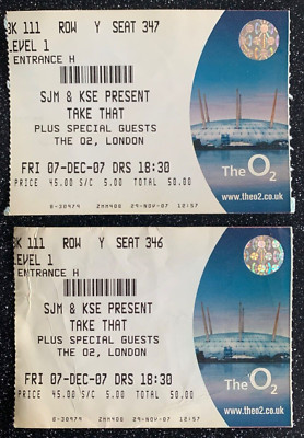 Take That - London O2 - 2x Used Ticket Stubs - 7th Dec 2007
