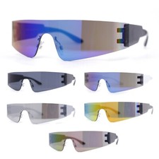 Retro 80s Futurist Robotic Narrow Shield Wrap Around Rimless Sunglasses