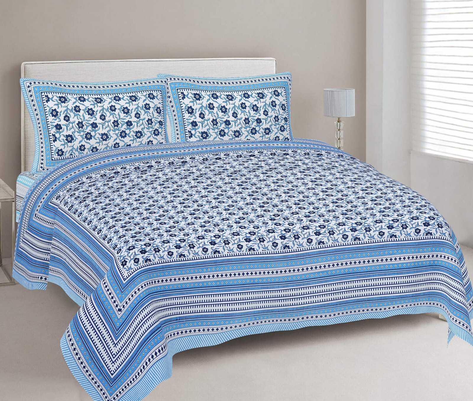 100 % Cotton 220 TC Indian King Size Bed Sheet With 2 Zipper Pillow Covers MF