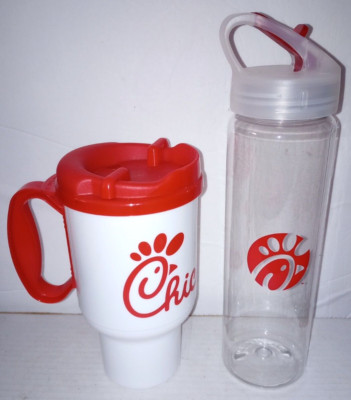 Chick-Fil-A Travel Mug 20 oz Plastic Cup w/Lid & Water Bottle w/ Spout Lid - New