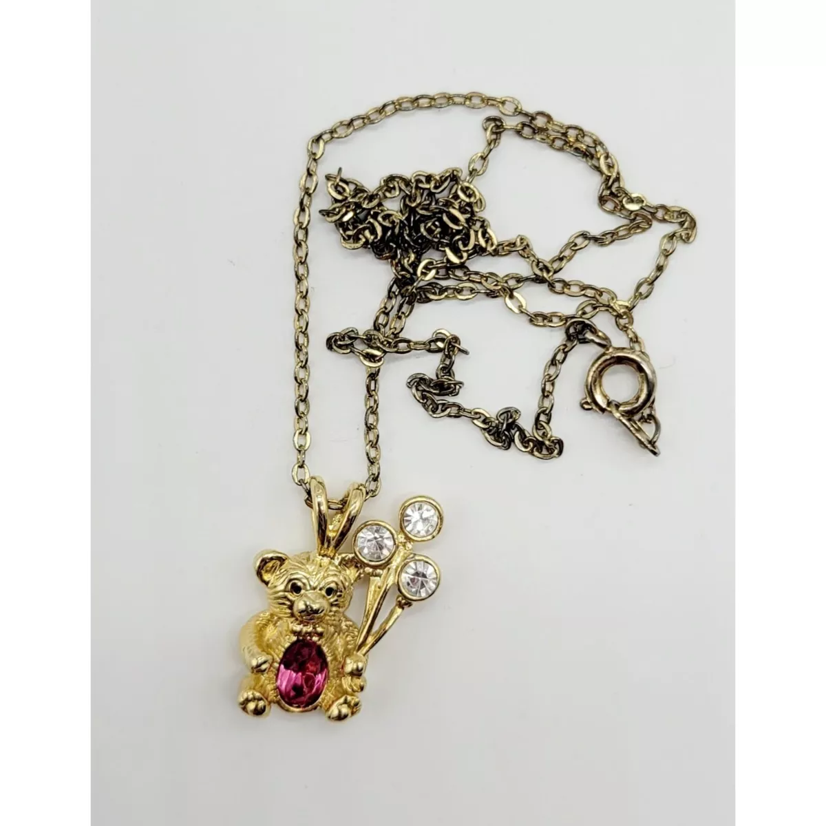 D.M 99 Signed Gold Tone Pink Rhinestone Bear Balloon Necklace N15 | eBay