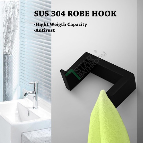 Black Double Wall Robe Hook Towel Rail Stainless Steel Bathroom Holder ...