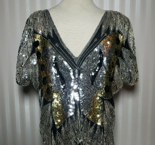 Vintage mariposa lentejuelas Top Blusa De Seda Plata Negro Noche Fiesta  Discoteca Festival | eBay