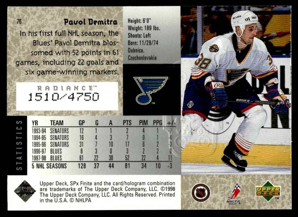 1998-99 SPx Finite Radiance Pavol Demitra St. Louis Blues #76 - Image 2 of 2