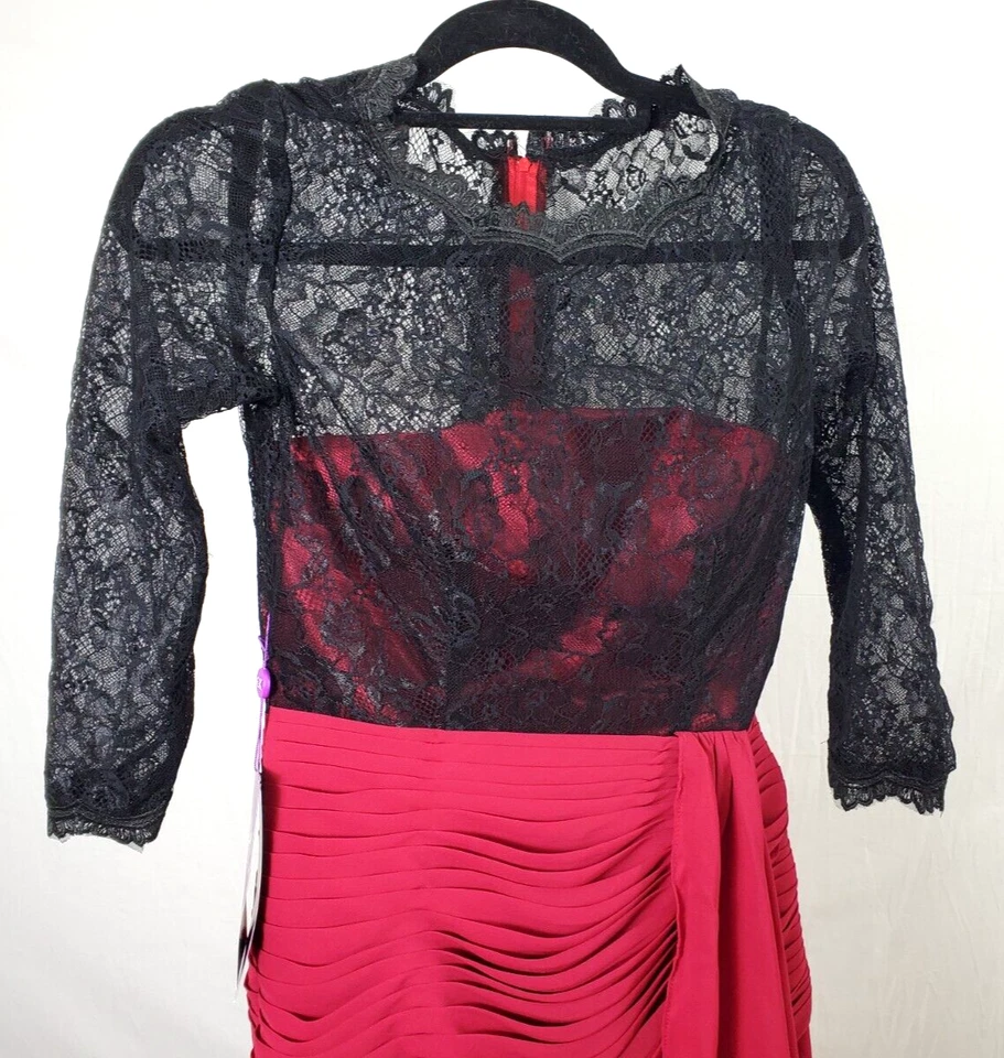 Size 4 Grace Karin Black Lace 3/4 Sleeve Red Chiffon Floor Length Evening Gown - Image 4 of 4