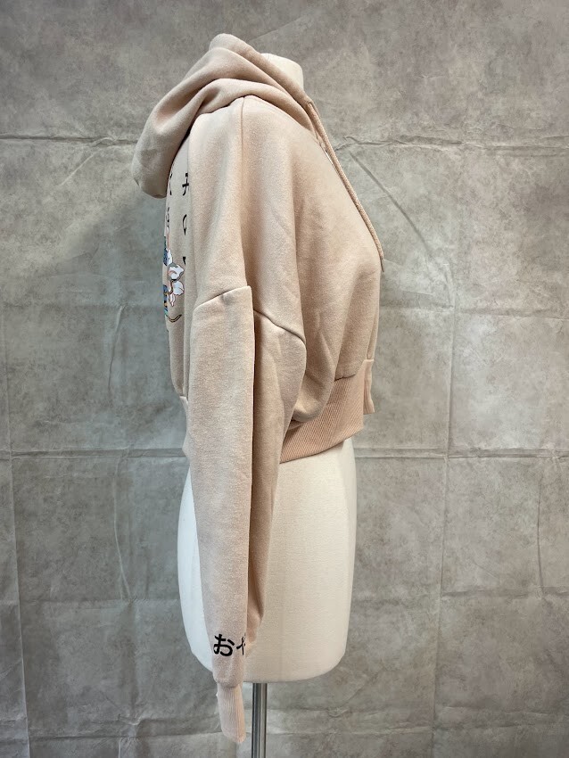 Orange Kiss Women's Beige Cropped Graphic Full Zip Hoodie Size M