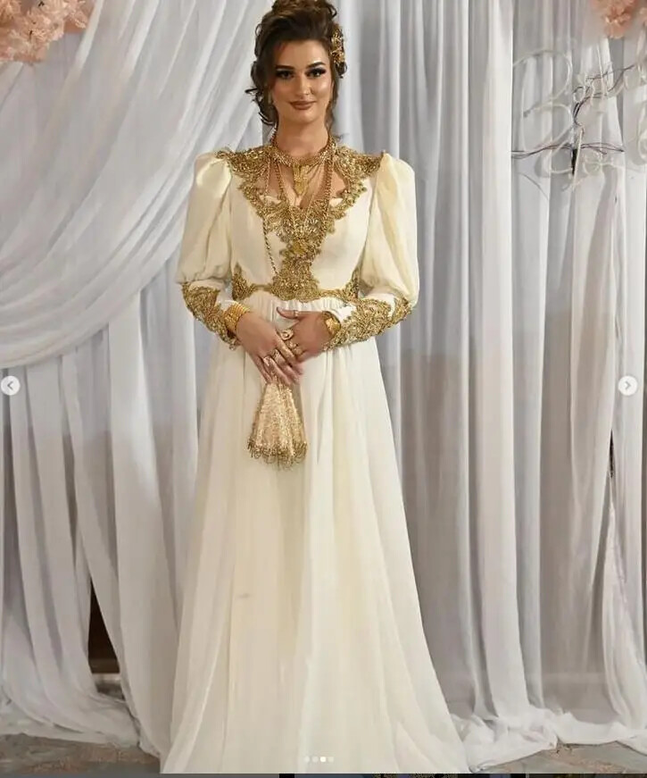 Luxury Prom Dresses Gold Applique Crystal Arabic Evening Gown Algerian Outfits
