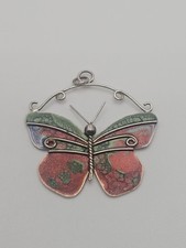 Vintage Sterling Silver Red Green Enamel Butterfly Pendant Charm Signed ABT