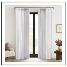 Pinch Pleat White Linen Curtains 90" 2 Panels, Thick Textured Drapes for Room