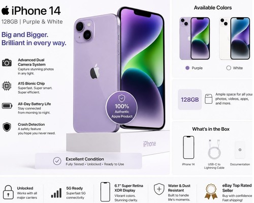 Apple iPhone 14 128GB 5G Unlocked Excellent Brand New Condition phone All Colors