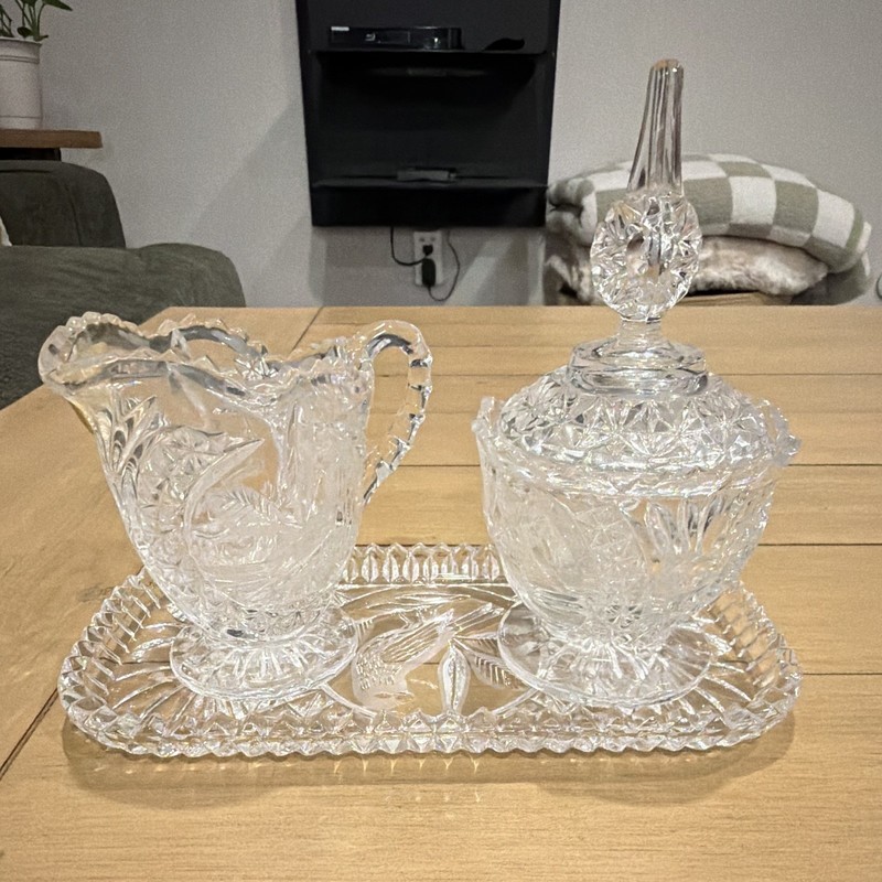 Bleikristall Lead Crystal Hand Cut Rectangular Bird Serving Tray Set 3pc