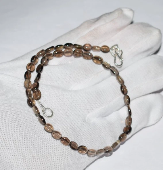 Collar minimalista de 26" con cuentas de piedras preciosas de forma ovalada lisa de cuarzo ahumado natural AAA Foto 3 de 4