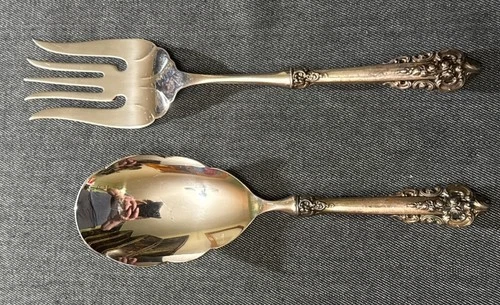 Wallace Sterling Grande Baroque 2 Piece Serving Set Salad Bowl Fork Rice Spoon