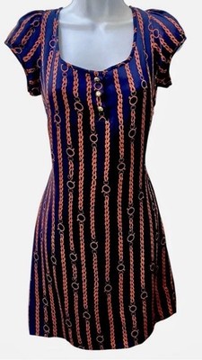 Shoshanna Chain Print Silk Dress 6 Blue Brown Cap Sleeve Buttons Lined Summer
