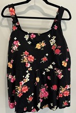 Lands End Adjustable Scoop Neck Flutter Tankini Top Black Pink Floral 3X 24W 26W