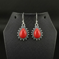 Coral Gemstone 925 sterling silver Handmade Dangle Drop Earrings 1.50"