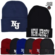 New Jersey NJ Embroidery Unisex Knit Winter Warm Skull Hat Fold-Up Beanie Cap 
