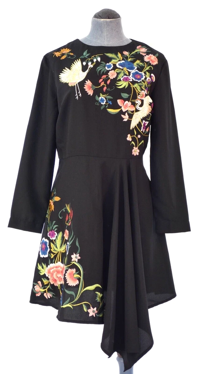 Asos Skater Dress Black Embroidered Asymmetric Hem Cocktail Petite