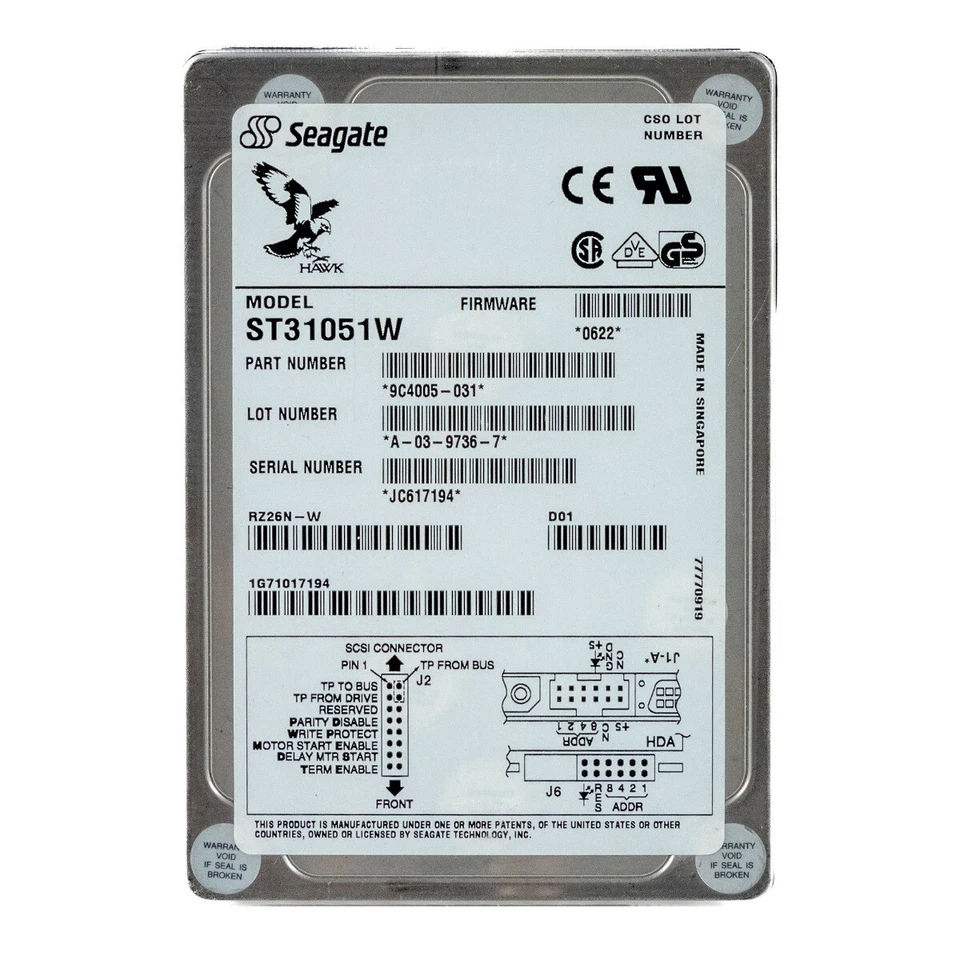 Hard Drive Seagate Hawk 2XL ST31051W 1GB 5400RPM 68-pin Fast SCSI 3.5'' Inch - Image 3 of 3