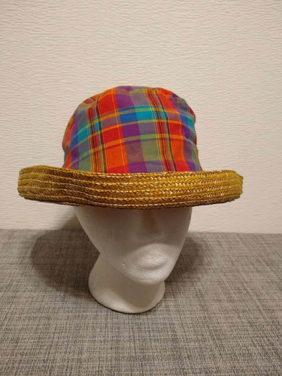 Eddie Bauer ~ Fedora Style Hat Sz Med Rainbow Plaid w Raffia  display picture 3