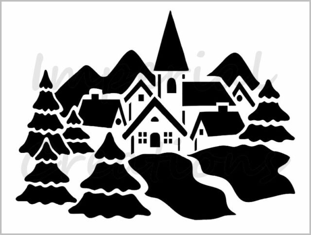 TOWN VILLAGE Church Tree Christmas Design 8.5" x 11" Reusable Stencil Sheet S631