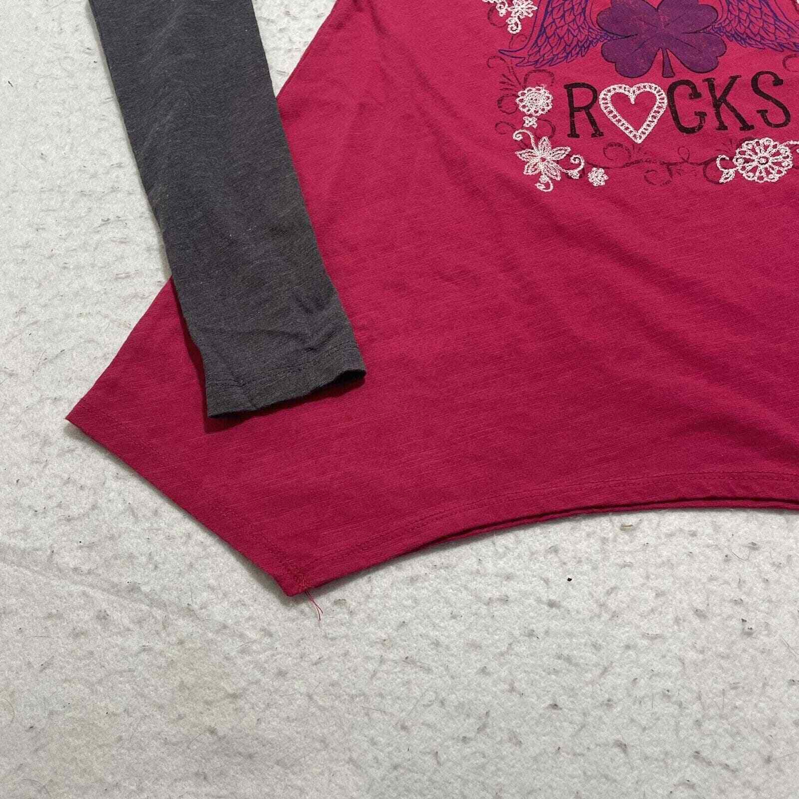 Lucky Brand Live in Love Girl's Large Pink Gray Raglan Sleeve Crewneck Shirt image 2