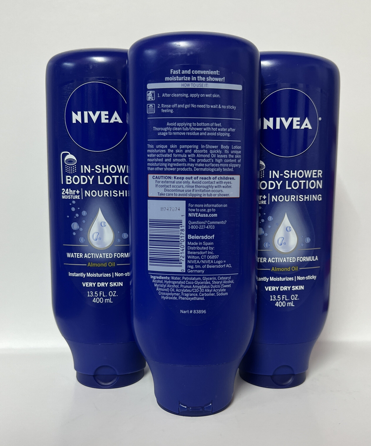 (3) Nivea In-Shower Body Lotion-Almond Oil Dry Skin Moisturizer-13.5oz. Each