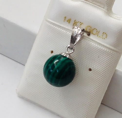 Solid 14K White / Yellow Gold Natural Green Malachite Ball Solitaire Pendant NEW - Picture 3 of 9