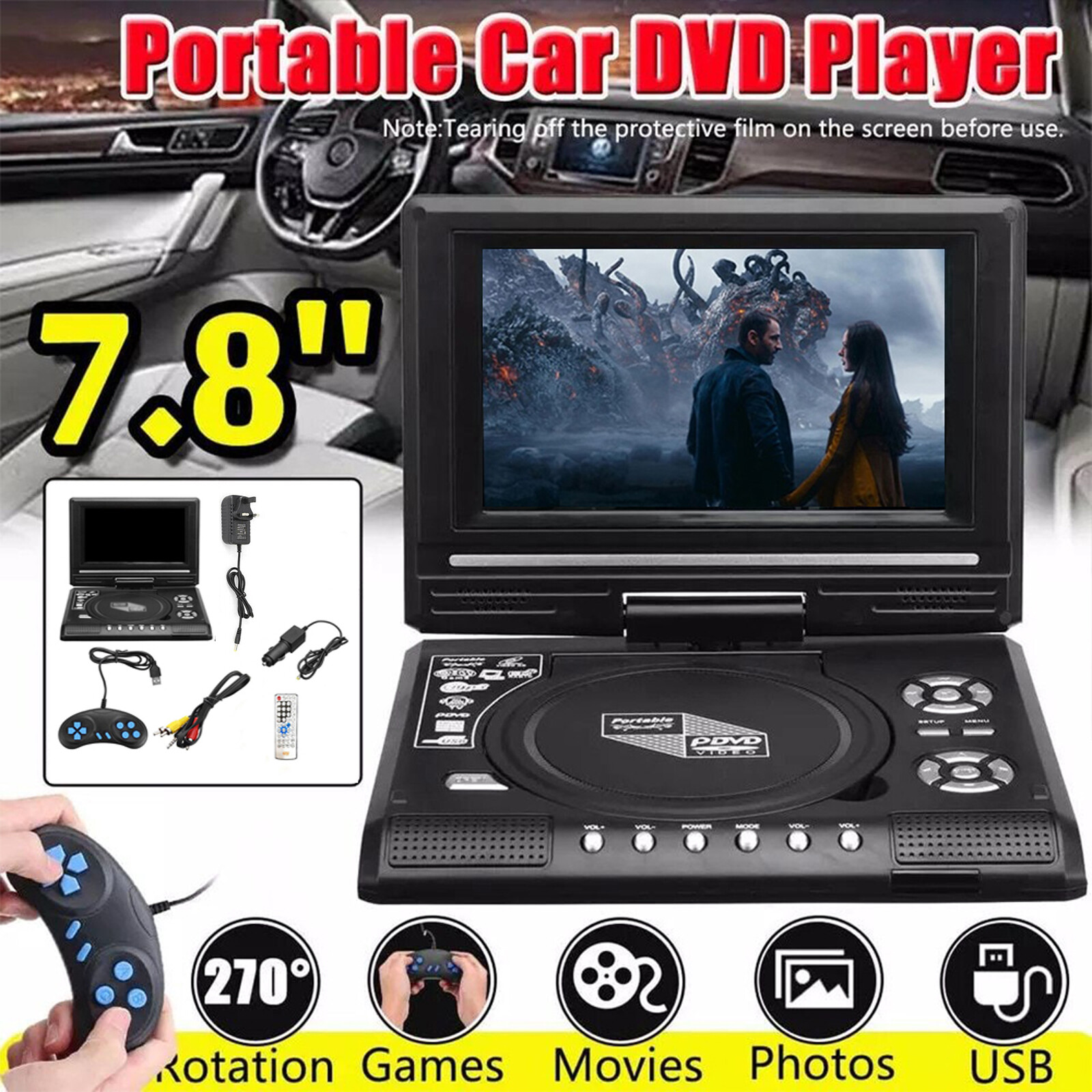 Portable DVD Player HD CD TV Player 270° LCD Widescreen Card