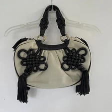 NWOT Shanghai Tang Canvas Shoulder Bag with Dark Brown Leather Embellishments