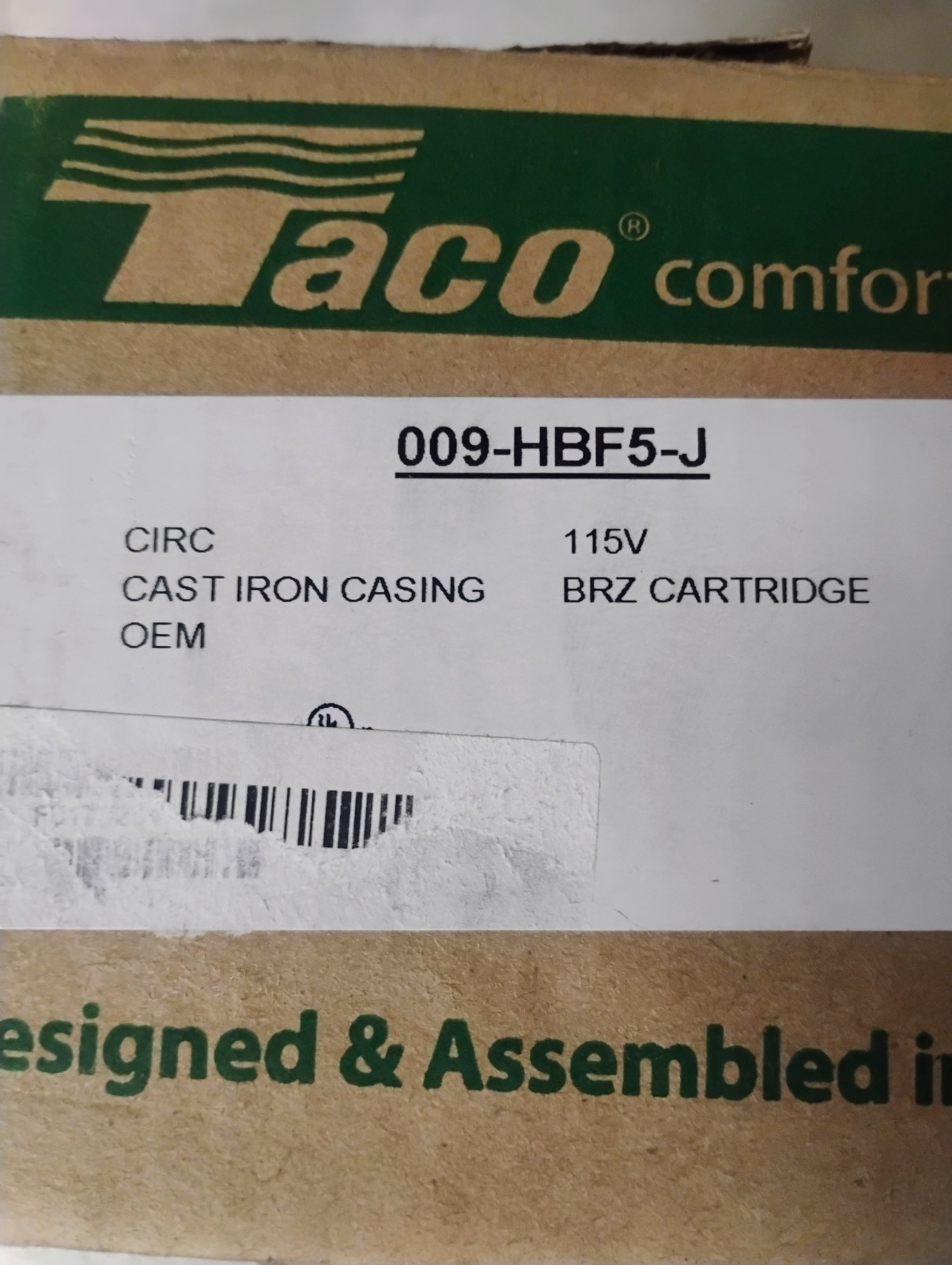 Taco 009-HBF5-J Stainless Steel 115V 1/8hp Cartridge Circulator