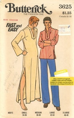 Butterick 3625 Retro Boho Moroccan/Mediterranean Caftan for Men, Tunic Sz M CUT