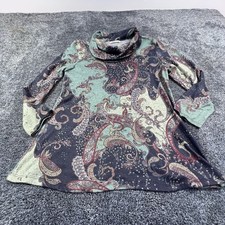 Jess & Jane Sweater Womens Medium Green Paisley Cowl Neck Tunic Made in USA