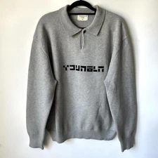 YoungLA Sweater Mens XL Knitted Polo Long Sleeve Spellout Logo Gray Black NEW