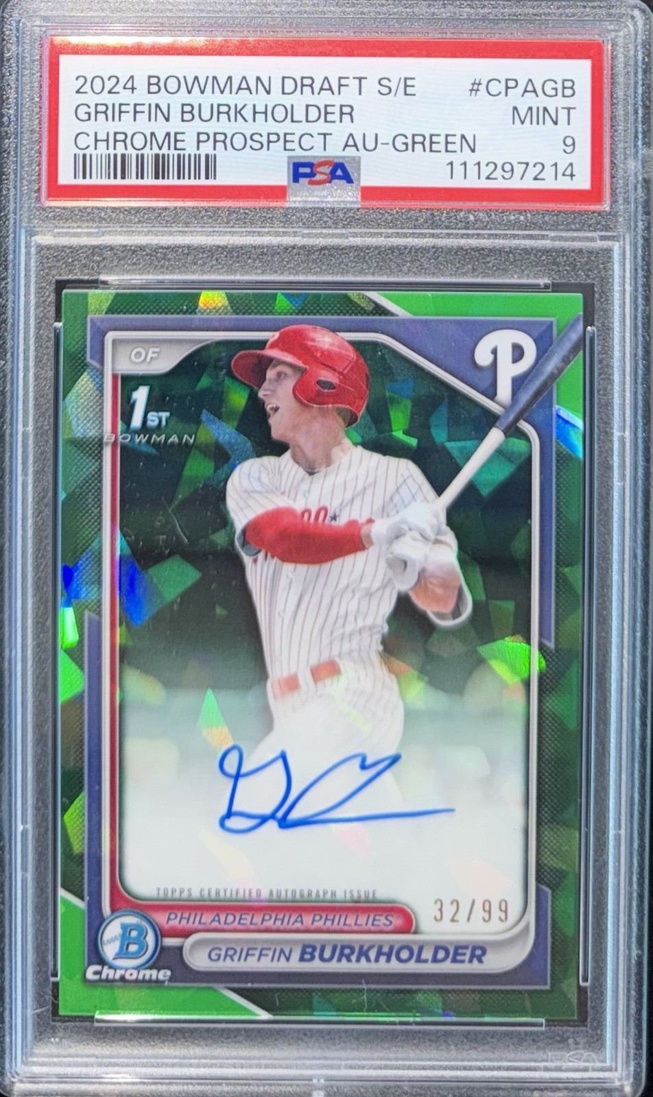 GRIFFIN BURKHOLDER 1st 2024 Bowman Draft Sapphire Green Auto /99 #CPA-GB PSA 9