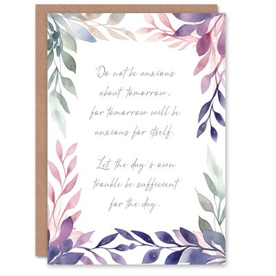 Matthäus 6:34 Lebe im Augenblick violette Blumen Bibel christliche Geburtstagskarte