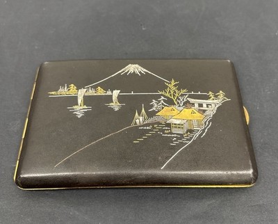 Japanese Damascene Cigarette Case Mt. Fuji Inlay 24K Gold  Early 1900 s