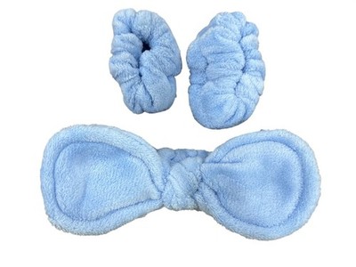 Soft Plush Blue Bow Headband & Wristbands Set For Skincare & Makeup Blue By Gnar