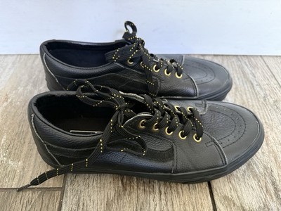 Vans Black Leather Low Top Skate Sneakers Mens 8 Women s 9.5 721356 Gold Accent
