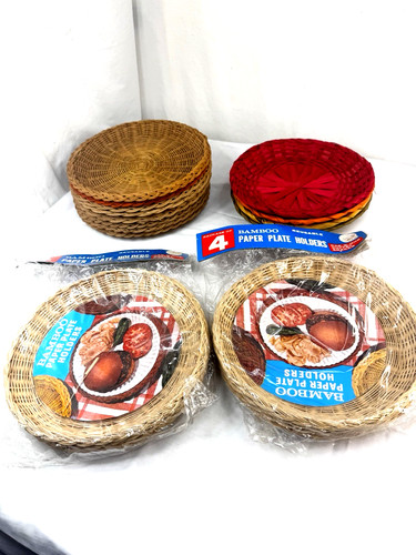 20 Vtg Woven Rattan Wicker Paper Plate Holder 8 NEW Bamboo BBQ Picnic Camp 9" FS