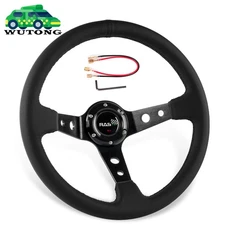 Black 14INCH Universal Genuine Leather Racing Steering Wheel Drifting Deep Dish