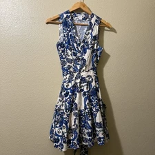 Christian Lacroix Wrap Dress Size XS Floral White Blue Talavera Linen Blend