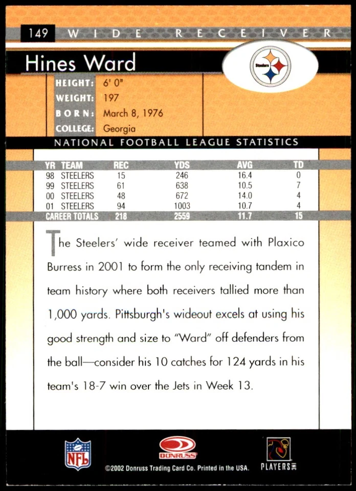 Hines Ward 2002 Donruss #149 Steelers NFL READ FREE SHIPPING AutographDen - Image 2 of 2