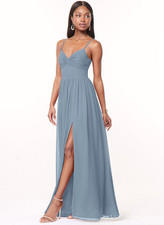 Azazie Zeya Dusty Blue A-Line V-Neck Pleated Chiffon Dress
