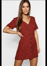 BOOHOO PETITE WOMENS DRESS SIZE 12 RED ANIMAL PRINT SHORT SLEEVE V NECK